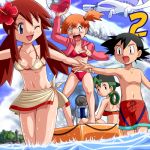 1boy 3girls :0 :o ;d angry arm arms art ash_ketchum bare_arms bare_legs bare_shoulders barefoot baseball_cap bikini black_eyes black_hair blue_eyes blush breasts collarbone couple creatures_(company) feet fleura_(pokemon) flower game_freak green_eyes green_hair gym_leader hair_flower hair_ornament hair_rings hat hetero hibiscus humans_of_pokemon jealous kasumi_(pokemon) legs long_hair looking_at_another looking_back low_twintails lowres lugia michiko_(pokemon) midriff misty_(pokemon) multiple_girls navel neck nintendo one_eye_closed orange_hair outside outstretched_arm pointing pokemoa pokemon pokemon_(anime) pokemon_(creature) pokemon_(movie) pokemon_frlg pokemon_red_green_blue_&_yellow pokemon_rgby red_bikini red_hair red_swimsuit round_teeth sarong satoshi_(pokemon) short_hair side_ponytail sitting small_breasts soara standing swimsuit teeth toes water wink wrist_grab