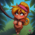 1girl ai_generated bdsm beret blonde_hair breasts brown_fur completely_nude completely_nude_female dixie_kong donkey_kong_(series) donkey_kong_country female_focus furry furry_female green_eyes jungle long_hair looking_up monkey_girl nature nature_background nintendo nude_female ponytail primate pussy rareware rope stable_diffusion