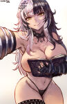 1girl 1girls artist_name big_breasts black_choker black_hair black_nails black_panties blunt_bangs breasts choker covering_breasts covering_privates english_commentary grey_hair hair_ornament high_res highleg highleg_panties hololive hololive_english jewelry lace lace_choker long_hair looking_at_viewer meme meme_reference multicolored_hair multiple_rings navel_piercing ouch_meme panties piercing ring selfpic shiori_novella smile split-color_hair striped_arm_warmers topless_female two-tone_hair underwear vicarious virtual_youtuber white_background yellow_eyes