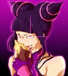 bare_shoulders capcom drill_hair fingerless_gloves food gloves glowing glowing_eye halter_top halterneck juri_han just_as_planned jy0bung licking nail_polish pink_nails potato purple_eyes spikes street_fighter street_fighter_iv sweet_potato twin_drills violet_eyes