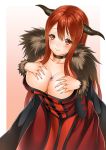 1girl big_breasts blush breast_grab breasts choker dress fur_trim grabbing horns large_breasts long_hair maou_(maoyuu) maoyuu_maou_yuusha red_eyes red_hair smile solo tattoo tattooed_breast un4lord