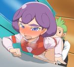 blue_eyes blush cabernet_(pokemon) clenched_teeth dent_(pokemon) green_eyes green_hair gym_leader jouwan male_focus panties panty_pull pokemon purple_eyes purple_hair pussy_juice sex short_hair tears underwear