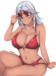 1girl 1girls big_breasts big_breasts blue_eyes cleavage curvy dark-skinned_female elma_(xenoblade_x) female_only hand_on_head heart_shaped_sunglasses high_res holding_sunglasses long_hair looking_at_viewer meidza_d midriff monolith_soft navel nintendo raised_sunglasses red_swimsuit silver_hair slim_waist sunglasses sunglasses_on_head swimsuit thick_thighs thighs voluptuous wide_hips xenoblade_(series) xenoblade_chronicles_x