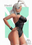 1girl absurd_res alluring animal_ear_hairband animal_ears bare_legs black_bow black_bowtie black_leotard black_wrist_cuffs blue_eyes bow bowtie dark-skinned_female dark_skin detached_collar elma_(xenoblade_x) fake_animal_ears grey_hair hairband hand_on_own_hip high_res leotard medium_breasts playboy_bunny rabbit_ears strapless strapless_leotard wrist_cuffs xenoblade_(series) xenoblade_chronicles_x yamamori_kinako