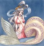 blush fish fishman_island mermaid monster_girl navel one_piece princess shirahoshi silver_hair sitting tears