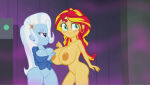 1girl 2_girls accurate_art_style annon areola big_breasts big_breasts bimbo blush bottomless breasts cleavage earrings edit edited_screencap equestria_girls female_only friendship_is_magic hasbro hoop_earrings huge_breasts my_little_pony nipples nude pussy screencap screenshot screenshot_edit sunset_shimmer thick_thighs trixie_(mlp) trixie_lulamoon wide_hips yuri