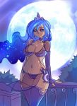 against_railing big_breasts blue_eyes blue_hair breasts choker cleavage crescent crown cutie_mark detached_sleeves earrings friendship_is_magic full_moon glowing glowing_hair high_res highres humanized jewelry large_breasts long_hair lowleg lowleg_panties maniacpaint midriff moon moonlight my_little_pony my_little_pony_friendship_is_magic navel panties princess_luna purple_legwear purple_panties seductive_smile see-through smile solo stockings thighhighs underwear underwear_only very_long_hair wavy_hair wide_hips