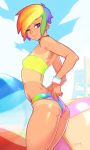 1girl ass bikini_bottom bikini_pull colorful doxy friendship_is_magic jewelry lip_piercing my_little_pony piercing purple_eyes rainbow_dash rainbow_hair short_hair signature sky small_breasts solo tan tan_line tubetop wink wristband