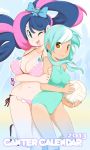 2013 2_girls 2girls amber_eyes arm_grab ball big_breasts bikini bonbon bonbon_(mlp) breasts calendar cantercalendar cover cover_page friendship_is_magic green_eyes green_hair hair hair_ornament hair_ribbon holding humanized large_breasts leg_lift leg_up long_hair lyra_heartstrings miu_(artist) multicolored_hair multiple_girls my_little_pony my_little_pony_friendship_is_magic one-piece_swimsuit one_leg_up ponytail ribbon side-tie_bikini slippers smile swimsuit twin_tails twintails two-tone_hair very_long_hair volleyball wink yellow_eyes