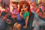 5girls a_goofy_movie animal_ears anthro aqua_shirt arm_support bare_legs bare_shoulders black_eyes black_nose blonde_hair blue_hair blue_shorts book bottle breasts brown_hair brown_nose bus bus_interior cleavage clenched_teeth closed_eyes closed_mouth couple dark-skinned_female dark_skin disney dog_ears dog_girl drink duo earrings eyeshadow female_only friends glasses goof_troop grey_hair grin hair_between_eyes half-closed_eyes hand_up hat holding holding_book holding_object hoop_earrings indoors jewelry legs lisa_(a_goofy_movie) long_hair looking_at_another makeup medium_breasts miles_df mole mole_under_eye multiple_girls naughty_face neck open_book orange_hair pepsi red_shirt roxanne_(goof_troop) shirt short_shorts short_sleeves shorts side-by-side sitting small_breasts smile stacey_(goof_troop) sunset teeth thick_eyebrows vehicle vehicle_interior window yuri