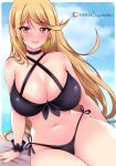 1girl alluring arm_support beach_towel big_breasts bikini black_bikini blonde_hair blush choker cleavage cloud collarbone earrings jewelry long_hair looking_at_viewer mythra navel nintendo ocean side-tie_bikini_bottom sitting sky smile sugarbell swimsuit towel water wristband xenoblade_(series) xenoblade_chronicles_2 yellow_eyes