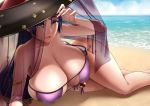 1girl absurd_res beach breasts cleavage fan_(f.w.zholic) fate/grand_order fate_(series) hat high_res huge_breasts long_hair looking_at_viewer lying minamoto_no_raikou_(fate) on_side parted_lips purple_eyes purple_hair sand sky swimsuit thighs very_long_hair water