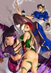 ass braid cammy_white capcom chun-li drill_hair error glowing glowing_eye halter_top halterneck highres juri_han kazakami_yuu multiple_girls pantyhose pelvic_curtain sash simuka smile street_fighter street_fighter_iv twin_braids twin_drills