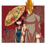 1boy 1girl adon adon_(street_fighter) alternate_costume bad_id black_hair breasts capcom china_dress chinese_clothes cleavage couple dress flower hair_flower hair_ornament hair_over_one_eye height_difference hetero juri_han orange_hair pointy_hair red_eyes shared_umbrella side_slit street_fighter street_fighter_iv super_street_fighter_iv tk_(hibatidori) twintails umbrella