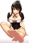  1girl :q barefoot black_eyes black_hair blush breasts cleavage feet gloves hareno_chiame leg_garter long_hair looking_at_viewer maid maid_headdress original panties pinstripe_pattern pov_feet side-tie_panties soles solo toes tongue tongue_out underwear white_gloves white_panties 