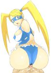  1girl ass assjob big_ass blonde_hair blue_eyes buttjob cum erect_nipples hotdogging huge_ass long_hair looking_back lying mask open_mouth penis pointless_censoring rainbow_mika ruffles sideboob simple_background sitting street_fighter sumata twin_tails white_background 