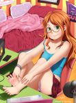 1girl barefoot bed bed_sheet blush bracelet computer feet freckles glasses green_eyes idfer jewelry laptop legs long_hair orange_hair original pillow sitting skirt smartphone smile soles solo toes top