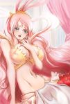 1girl bare_shoulders big_breasts blue_eyes blush breasts cleavage earrings fishman_island hagoromo hair_ornament half_updo jewelry large_breasts long_hair looking_at_viewer mermaid midriff monster_girl navel one_piece open_mouth pink_hair princess shawl shirahoshi solo tears uiuihatimitu very_long_hair