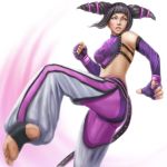 baggy_pants barefoot black_hair bracelet capcom clenched_hand drill_hair feet fighting_stance fingerless_gloves gloves halter_top halterneck jewelry juri_han kicking nail_polish pants purple_eyes realistic simple_background soles street_fighter street_fighter_iv super_street_fighter_iv tank_top toeless_socks toes twin_drills white_background