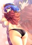  1girl ass big_breasts black_panties blue_eyes blue_hair blush breasts from_below high_res kinntarou no_pants panties purple_hair shirt_lift short_hair solo touhou underboob underwear undressing yasaka_kanako zoom_layer 