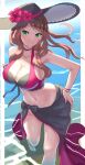 1girl 1girl absurd_res alluring barefoot big_breasts bikini black_bikini bracelet brown_hair cleavage collarbone dorothea_arnault dorothea_arnault_(summer) fire_emblem fire_emblem:_three_houses fire_emblem_heroes flower green_eyes hand_on_own_hip hat hibiscus high_res jewelry long_hair looking_at_viewer multicolored_bikini navel nintendo official_alternate_costume partially_submerged pink_bikini sarong smile sun_hat swimming_pool swimsuit tarutaru193 water