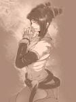  1girl bad_id bare_shoulders bracelet capcom detached_sleeves dfreak elbow_gloves fingerless_gloves gloves halter_top halterneck jewelry juri_han midriff monochrome nail_polish ojo_(dfreak) red_eyes sepia solo spiked_bracelet spikes spot_color street_fighter street_fighter_iv super_street_fighter_iv toned twintails 