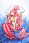  1boy 1girl ayame_(artist) bad_id breasts extreme_size_difference fishman_island giantess green_eyes high_res highres larger_female long_hair mermaid miniboy monkey_d._luffy monster_girl one_piece pink_hair princess shirahoshi size_difference smaller_male 