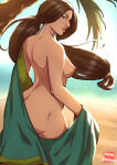 1girl ass avatar:_the_last_airbender back bare_back beach big_ass breasts brown_hair day expressionless female_only female_solo from_behind green_eyes huge_breasts ivana_anemon kyoshi lips long_hair looking_at_viewer looking_back medium_breasts neck nickelodeon nipples ocean outside palm_tree parted_lips sand serious standing tree undressing water