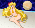 1girl 1girl absurd_res alluring bare_legs big_breasts bikini bishoujo_senshi_sailor_moon blonde_hair blue_eyes bow hair_bow high_res long_hair madefanart minako_aino one_eye_closed open_mouth pin_up sailor_venus sand sitting swimsuit teeth yellow_bikini