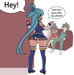 1boy 1girl 2_girls aqua_(konosuba) ass blue_hair blush chat_box dialogue dress english_text holding_object_between_buttocks kono_subarashii_sekai_ni_shukufuku_wo! lost_object_between_buttocks male megumin multiple_girls myahogao phone_between_buttocks satou_kazuma skirt text