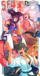 3boys bare_shoulders barefoot black_hair blonde_hair bracelet capcom choker detached_sleeves dougi drill_hair elbow_gloves fighting_stance fingerless_gloves gloves gouken hakan halter_top halterneck jewelry juri_han ken_masters makoto_(street_fighter) multiple_boys multiple_girls oetarou ribbon_choker scarf sitting sitting_on_shoulder smile spiked_bracelet spikes street_fighter street_fighter_iii street_fighter_iii:_3rd_strike street_fighter_iv super_street_fighter_iv twin_drills twintails uppercut