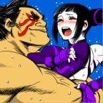  1girl bearhug black_hair blush bracelet breasts capcom closed_eyes detached_sleeves drill_hair edmond_honda elbow_gloves face facepaint fingerless_gloves gloves hair halter_top halterneck jewelry juri_han muscle nonjake pain payot ryona sideboob sidelocks smile spiked_bracelet spikes street_fighter street_fighter_iv sumo super_street_fighter_iv sweat twin_drills twintails 