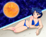 1girl absurd_res alluring ami_mizuno bikini bishoujo_senshi_sailor_moon blue_bikini blue_eyes blue_hair blush closed_mouth high_res lying madefanart medium_breasts mercury_(planet) pin_up sailor_mercury short_hair smile swimsuit