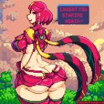 1girl alluring ass backboob big_breasts butt_crack clothes countmoxi english_text female_focus heroine looking_back medium_hair milf nintendo pixel_art pyra red_eyes red_hair smile speech_bubble xenoblade_(series) xenoblade_chronicles_2