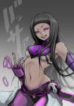 alternate_hairstyle bare_shoulders belt black_hair breasts capcom detached_sleeves elbow_gloves fingerless_glove fingerless_gloves gloves glowing glowing_eye grin groin hair_down halter_top halterneck juri_han long_hair midriff mound_of_venus nail_polish navel purple_eyes riry smile solo street_fighter street_fighter_iv super_street_fighter_iv underboob