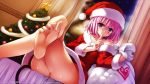 1girl bare_legs bare_shoulders barefoot blush christmas christmas_tree clothed demon_tail detexted feet finger_to_lips finger_to_mouth hands hat high_res index_finger_raised legs_crossed looking_at_viewer momo_velia_deviluke no_panties official_art photoshop pink_hair pov_feet purple_eyes sack santa_costume santa_hat short_hair shushing sitting smile soles solo tail thighs to_love-ru to_love-ru_darkness toenails toes wallpaper yabuki_kentarou