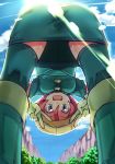  1girl :d ass bent_over blue_eyes boots choker double_v from_below gloves hat langley_(pokemon) looking_through_legs open_mouth pencil_skirt perspective pic_k pink_hair pokemon skirt smile solo stockings sunlight thighhighs upside-down v 