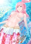 1girl big_breasts blue_eyes breasts earrings fish fish_tail jewelry large_breasts light_smile long_hair mermaid monster_girl navel nipples ocean one_piece pink_hair shirahoshi solo tail topless underwater yuki1977