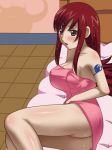 1girl :o art ass awa babe bed black_eyes blush breasts erza_scarlet fairy_tail indoors long_hair looking_at_viewer naked_towel open_mouth red_hair room shadow surprised tattoo towel wet