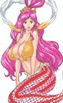 1girl 66head bare_shoulders big_breasts blue_eyes breasts cleavage fishman_island huge_breasts large_breasts long_hair mermaid midriff monster_girl one_piece open_mouth pink_hair shirahoshi simple_background solo surprised white_background