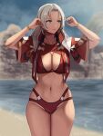 1girl 1girl alluring armor beach big_breasts bikini blue_eyes cleavage dark-skinned_female dark_skin elma_(xenoblade_x) hair_ornament high_res jacket long_hair navel red_bikini silver_hair swimsuit xenoblade_(series) xenoblade_chronicles_x yamamori_kinako