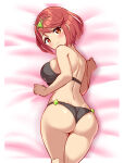 1girl 1girl ahoge alluring ass ass_focus bare_shoulders big_breasts bikini blush cougar_(cougar1404) from_behind heroine looking_at_viewer looking_back lying milf nintendo on_stomach pyra red_eyes red_hair short_hair sideboob smile swimsuit thong thong_bikini xenoblade_(series) xenoblade_chronicles_2