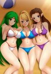 3_girls alluring beach bikini blonde_hair blue_bikini blue_eyes brown_hair goddess green_eyes green_hair jewelry kid_icarus metroid nidavellirstudios nintendo palutena princess_zelda purple_bikini purple_eyes samus_aran the_legend_of_zelda the_legend_of_zelda:_twilight_princess white_bikini zelda_(twilight_princess)