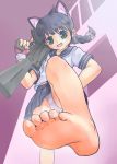  1girl animal_ears barefoot black_hair braid cat_ears feet fingerless_gloves from_below gloves green_eyes gun hair_ribbon hand_on_hip looking_at_viewer m-16 megane_dragon milly_(paperman) open_mouth panties pantyshot paper_man paperman pov pov_eye_contact purple_background ribbon rifle school_uniform skirt smile soles solo striped striped_panties toes twin_braids underwear upskirt weapon 