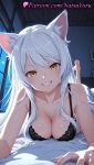 1girl 1girl 1girls 2025 ai ai_assisted ai_generated alternate_breast_size animal_ear_fluff animal_ears anime anime_style bakemonogatari bangs bare_shoulders barefoot bed bed_sheet big_breasts big_breasts black_bra black_hanekawa blush bra breasts bust cat_ears cat_girl cleavage collarbone fang fangs feet female_focus female_only foot_fetish grin hanekawa_tsubasa hentai high_quality high_res high_res high_resolution indoors lace-trimmed_bra legs lingerie lips long_hair looking_at_viewer lying makeup medium_breasts monogatari_(series) nail_polish natsuyoru night night_sky on_bed on_stomach panties patreon silver_hair slit_pupils smile solo_female stable_diffusion teeth the_pose underwear underwear_only very_long_hair voluptuous voluptuous_female white_hair window yellow_eyes