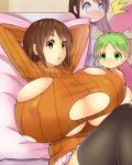  3_girls 3girls arms_behind_head arms_up ayase_ena ayase_fuuka black_legwear blush breast_expansion breasts brown_eyes brown_hair bursting_breasts cleavage gigantic_breasts green_eyes green_hair koiwai_yotsuba long_hair lying magister_(bigbakunyuu) multiple_girls open_mouth quad_tails ribbed_sweater short_hair stockings surprised sweatdrop sweater teacher thighhighs torn_clothes yotsubato! 