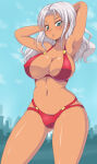 1girl alluring arms_up big_breasts bikini covered_erect_nipples dark-skinned_female dark_skin elma_(xenoblade_x) female_focus green_eyes high_res kihaiu long_hair multi-strapped_bikini_bottom nintendo purple_hair red_bikini swimsuit white_hair xenoblade_(series) xenoblade_chronicles_x