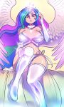 1girl anthro anthrofied bare_shoulders big_breasts blue_hair boots bra breasts choker crown detached_sleeves friendship_is_magic green_hair high_res highres horn humanized knees_together_feet_apart large_breasts long_hair maniacpaint midriff multicolored_hair my_little_pony panties pink_hair princess_celestia purple_eyes side-tie_panties sitting solo stockings strapless_bra thigh_boots thigh_high_boots thighhighs underwear underwear_only very_long_hair wings