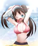 1girl armpits arms_up blue_eyes blush bra brown_hair double_bun hat high_res long_hair mei_(pokemon) navel open_mouth pantyhose piroshiky pokemon pokemon_(game) pokemon_bw2 skirt smile solo sunbeam sunlight underwear undressing water wet wink