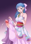 1girl blue_hair bow censored cum dragon_quest dragon_quest_v dress dress_lift ejaculation flora flora_(dragon_quest) futanari gekka_kaguya_(urabata) half_updo handsfree_ejaculation huge_penis long_hair naughty_face penis pink_bow pinky_out pointless_censoring skirt skirt_lift solo